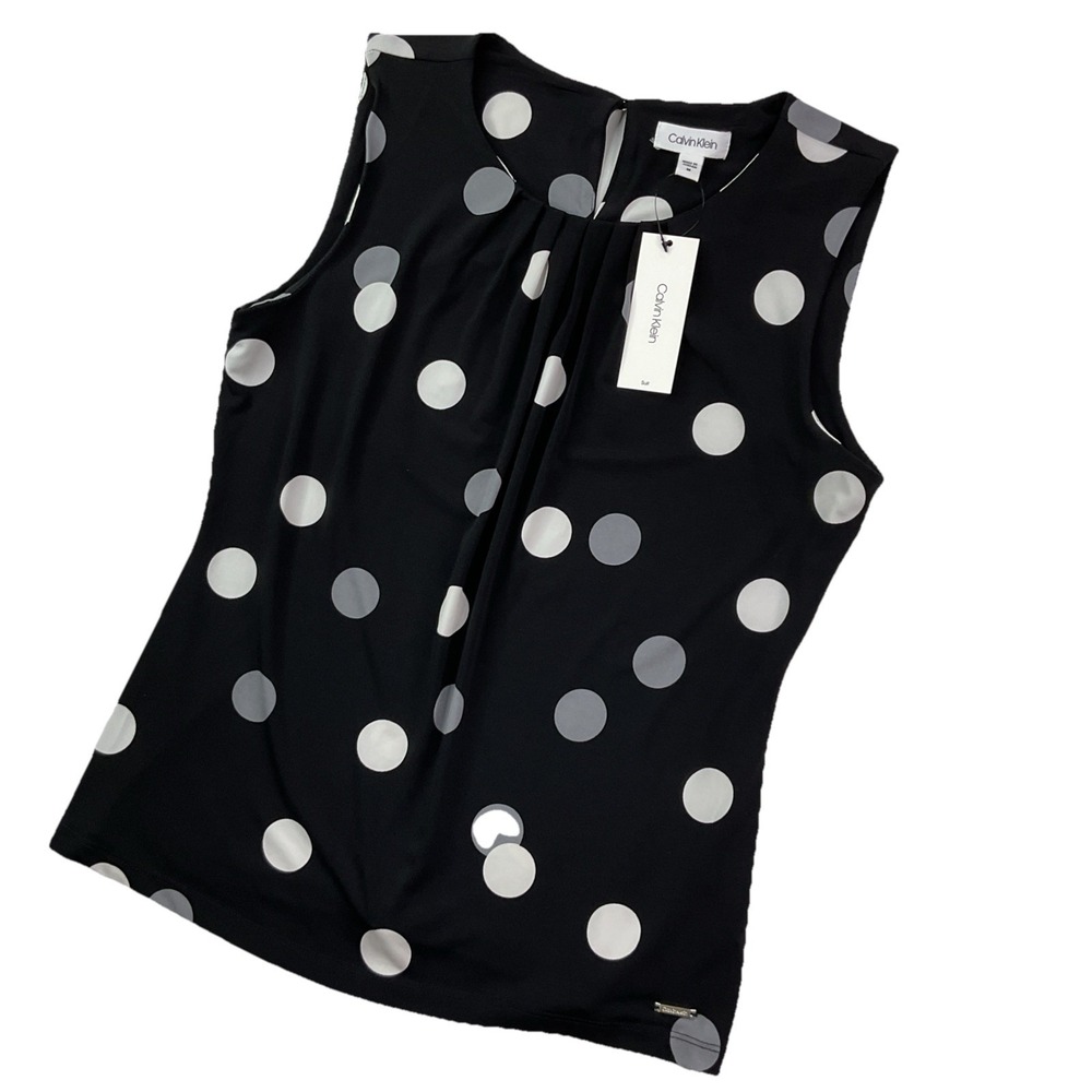Calvin Klein Top Blouse Women Sz M Sleeveless Polka Dot Pleat Front Black NWT